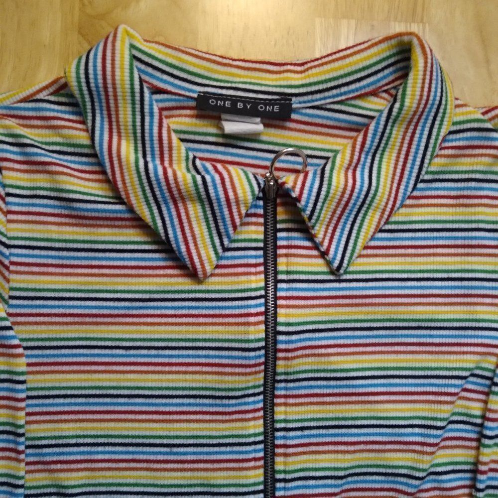 Vintage One By One Zipper Rainbow Striped Shirt Top Blouse Pride